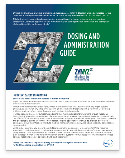 Cover image of the downloadable Dosing and Administration Guide for ZYNYZ