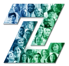 A two-part, geometric Z filled with a collage of potential patients’ faces, overlaid with a blue-green gradient